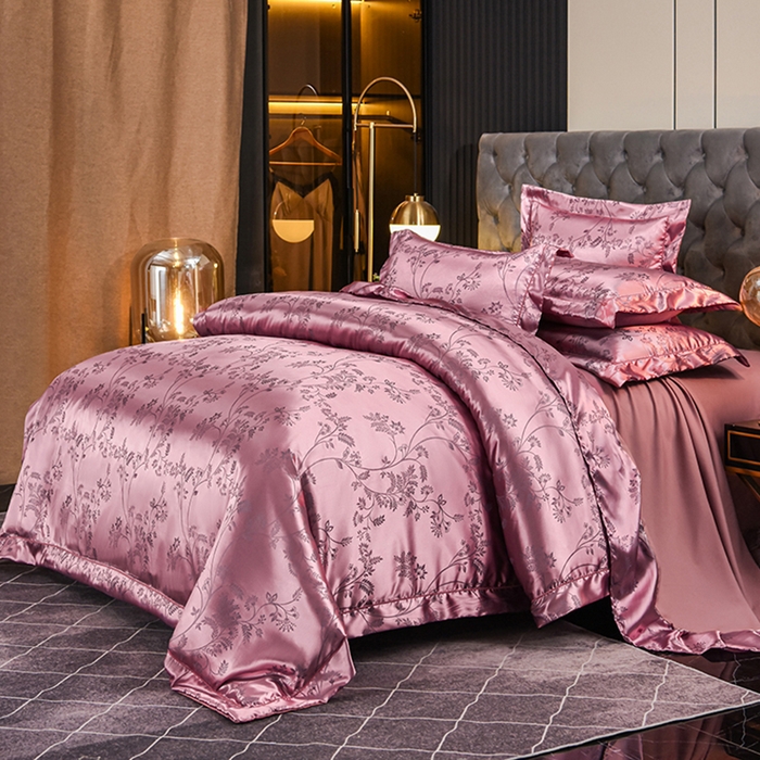 91家纺网 家纺一手货源 找家纺 优美 2025新款一字绣提花四件套系列 叶语迷裳（藕荷色）