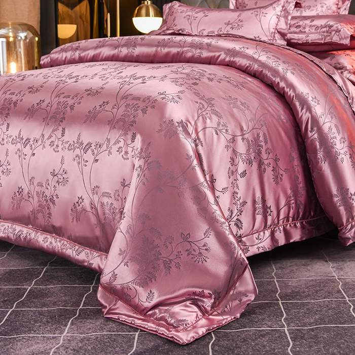 91家纺网 家纺一手货源 找家纺 优美 2025新款一字绣提花四件套系列 叶语迷裳（藕荷色）