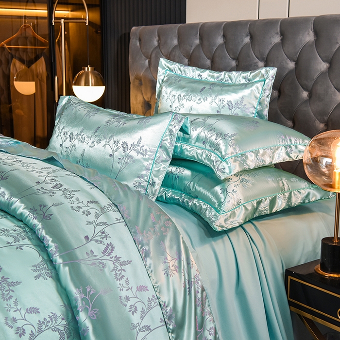 91家纺网 家纺一手货源 找家纺 优美 2025新款一字绣提花四件套系列 叶语迷裳（水绿）