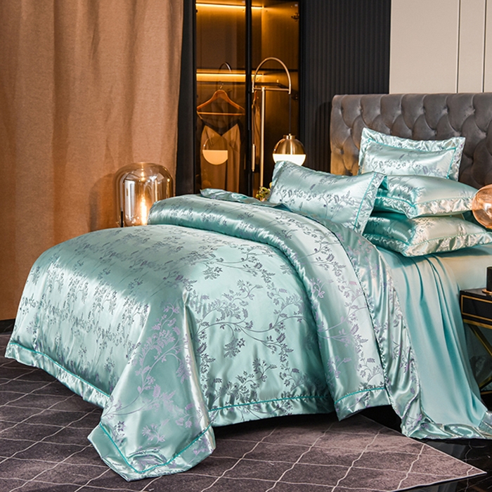 91家纺网 家纺一手货源 找家纺 优美 2025新款一字绣提花四件套系列 叶语迷裳（水绿）