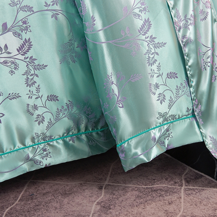 91家纺网 家纺一手货源 找家纺 优美 2025新款一字绣提花四件套系列 叶语迷裳（水绿）