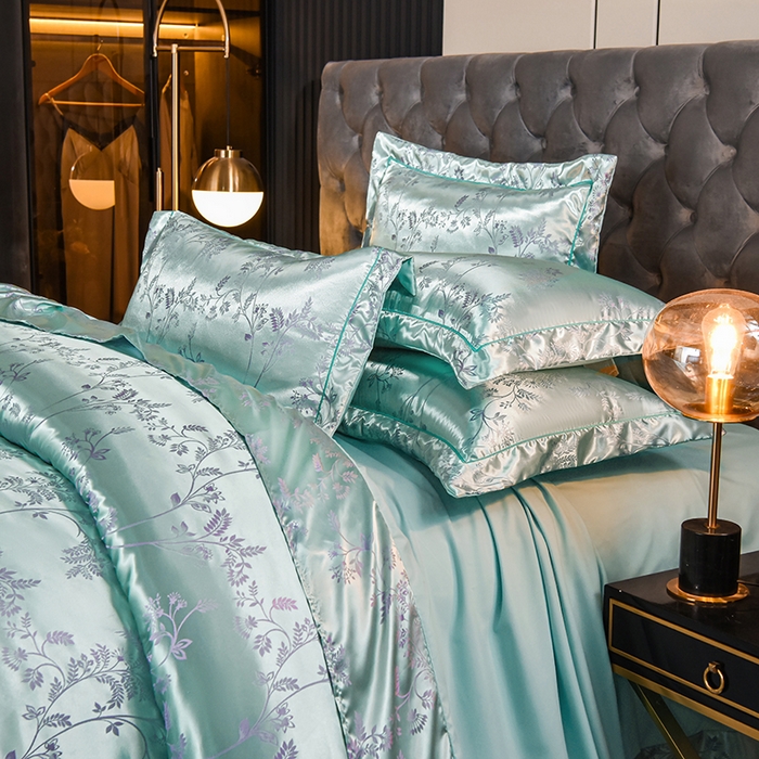 91家纺网 家纺一手货源 找家纺 优美 2025新款一字绣提花四件套系列 叶语迷裳（水绿）