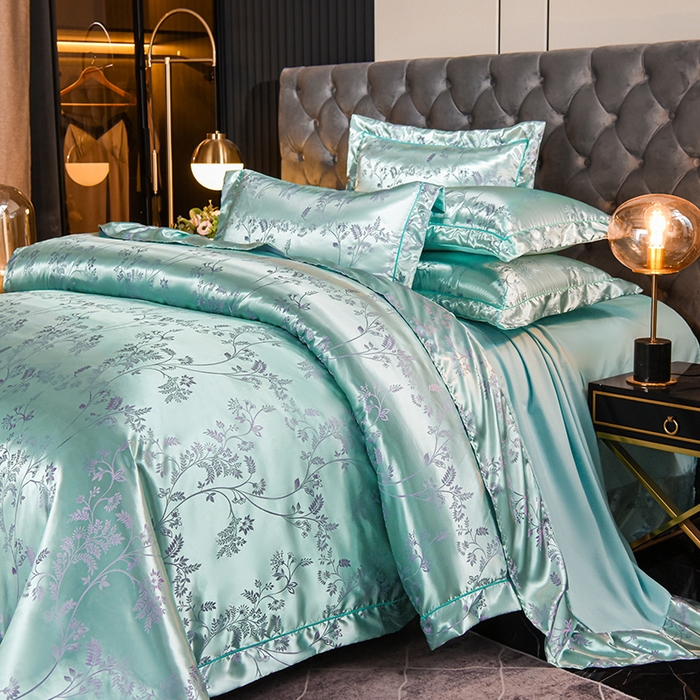 91家纺网 家纺一手货源 找家纺 优美 2025新款一字绣提花四件套系列 叶语迷裳（水绿）