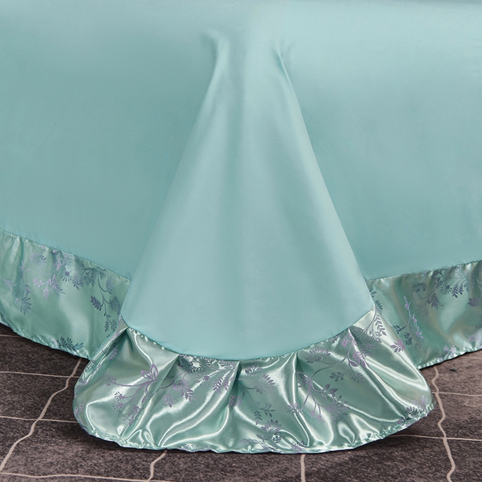 91家纺网 家纺一手货源 找家纺 优美 2025新款一字绣提花四件套系列 叶语迷裳（水绿）