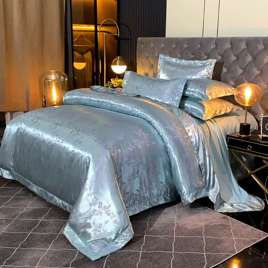 91家纺网 家纺一手货源 找家纺 优美 2025新款一字绣提花四件套系列 叶语迷裳（水绿）