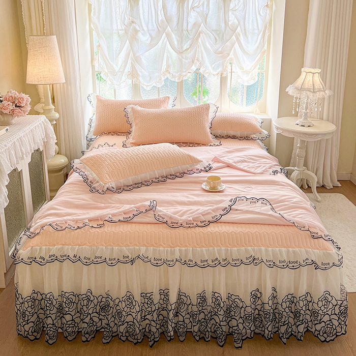 91家纺网 家纺一手货源 找家纺 2025新款凉感丝乳胶凉席床裙款夏被四件套-爱恋 玉