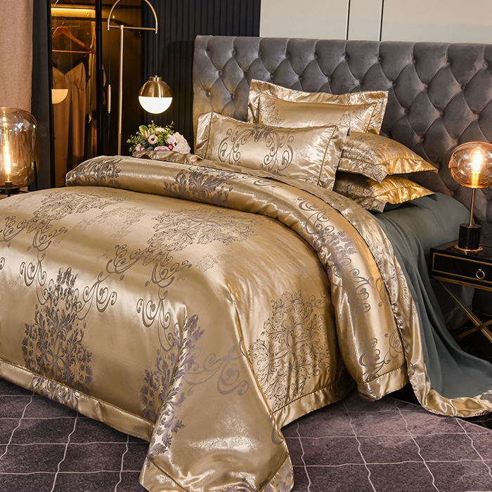 91家纺网 家纺一手货源 找家纺 优美 2025新款一字绣提花四件套系列 圣佛丽亚（富贵金）