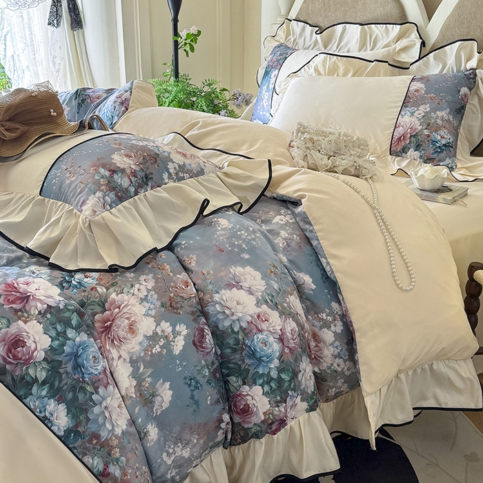 （总）宅家居 2025新款A类水洗亲肤棉磨毛法式拼接数码印花奶油韩式花边款四件套