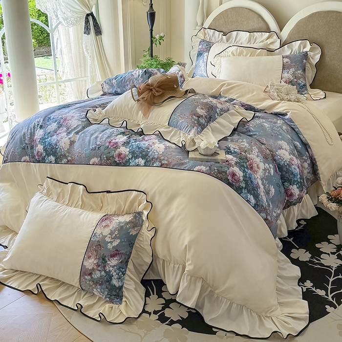 91家纺网 家纺一手货源 找家纺 （总）宅家居 2025新款A类水洗亲肤棉磨毛法式拼接数码印花奶油韩式花边款四件套