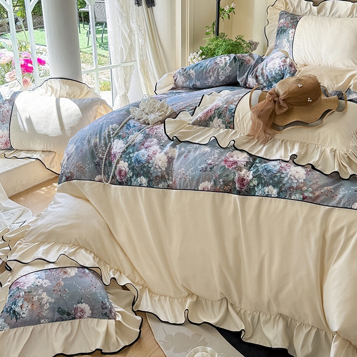 91家纺网 家纺一手货源 找家纺 （总）宅家居 2025新款A类水洗亲肤棉磨毛法式拼接数码印花奶油韩式花边款四件套