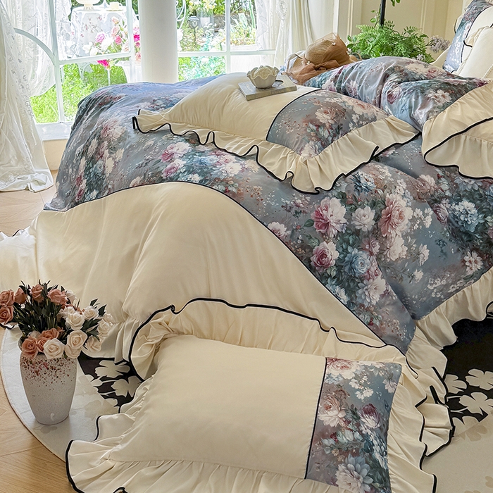 91家纺网 家纺一手货源 找家纺 （总）宅家居 2025新款A类水洗亲肤棉磨毛法式拼接数码印花奶油韩式花边款四件套