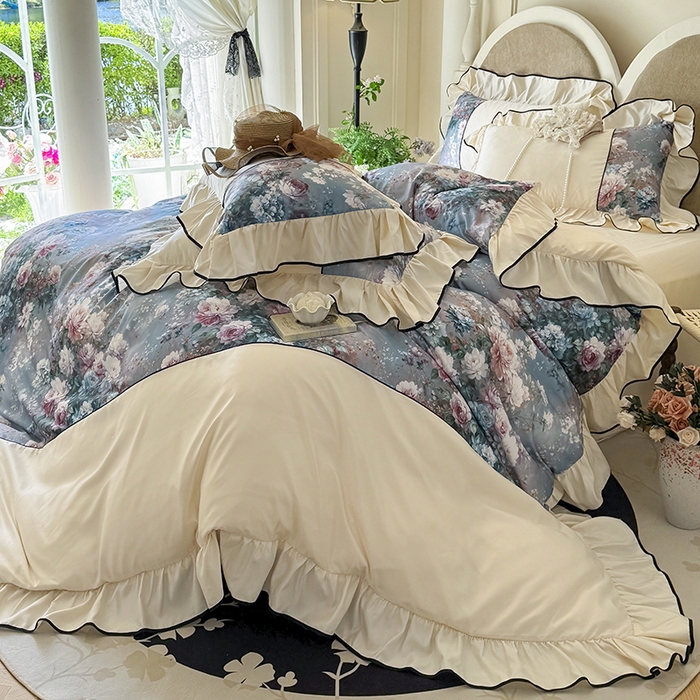 91家纺网 家纺一手货源 找家纺 （总）宅家居 2025新款A类水洗亲肤棉磨毛法式拼接数码印花奶油韩式花边款四件套