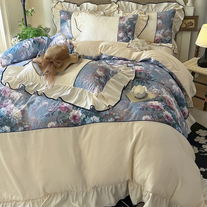 91家纺网 家纺一手货源 找家纺 （总）宅家居 2025新款A类水洗亲肤棉磨毛法式拼接数码印花奶油韩式花边款四件套