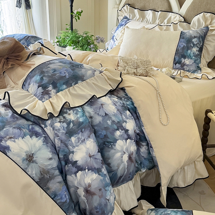 91家纺网 家纺一手货源 找家纺 （总）宅家居 2025新款A类水洗亲肤棉磨毛法式拼接数码印花奶油韩式花边款四件套