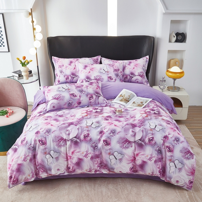 91家纺网 家纺一手货源 找家纺 雲归梦 2025春夏新款全棉纯棉5D数码印花四件套 蝴蝶仙子-紫