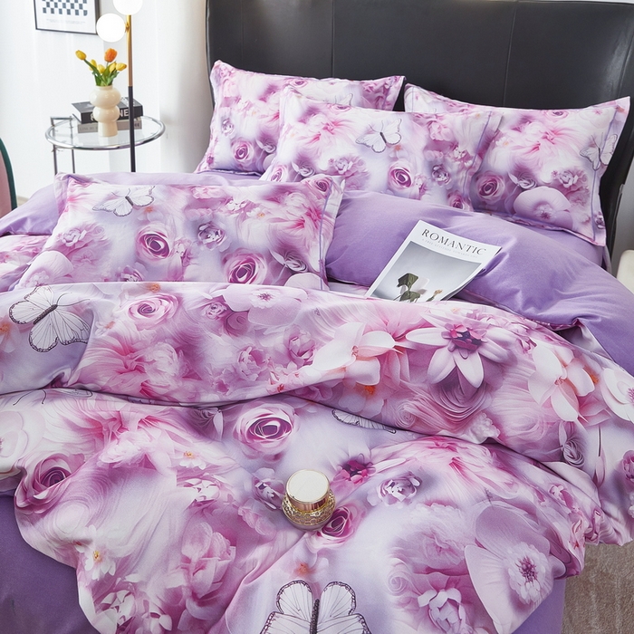 91家纺网 家纺一手货源 找家纺 雲归梦 2025春夏新款全棉纯棉5D数码印花四件套 蝴蝶仙子-紫