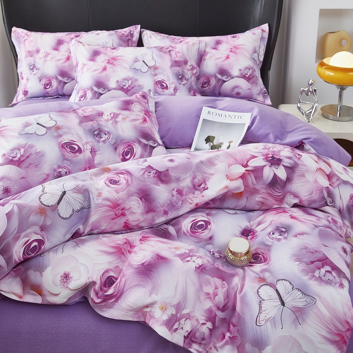 91家纺网 家纺一手货源 找家纺 雲归梦 2025春夏新款全棉纯棉5D数码印花四件套 蝴蝶仙子-紫