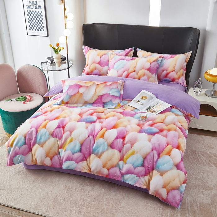 雲归梦 2025春夏新款全棉纯棉5D数码印花四件套 羽毛飘飘-粉