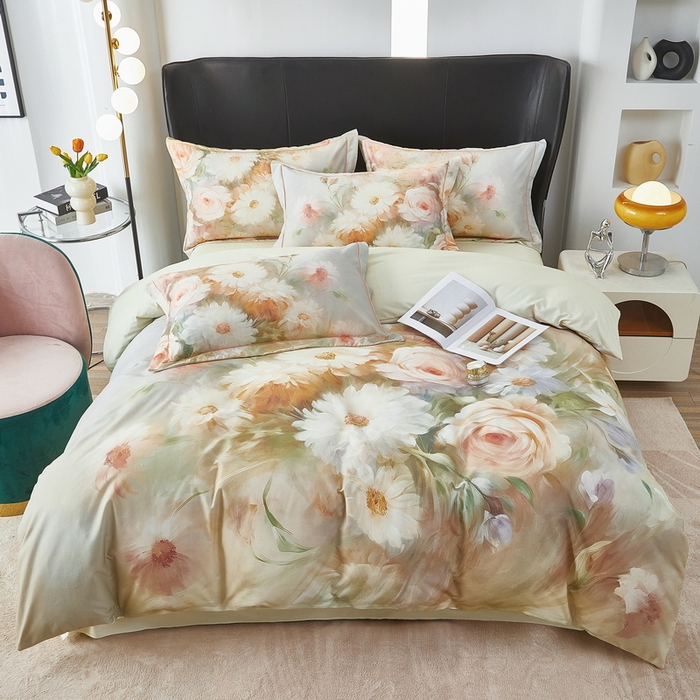 91家纺网 家纺一手货源 找家纺 雲归梦 2025春夏新款全棉纯棉5D数码印花四件套 盛世牡丹-绿