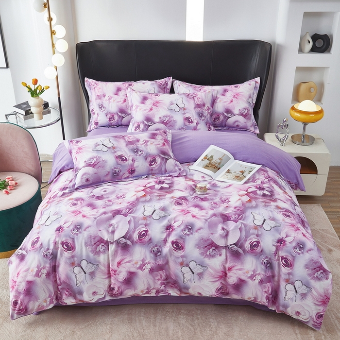 91家纺网 家纺一手货源 找家纺 雲归梦 2025春夏新款全棉纯棉5D数码印花四件套 蝴蝶仙子-紫