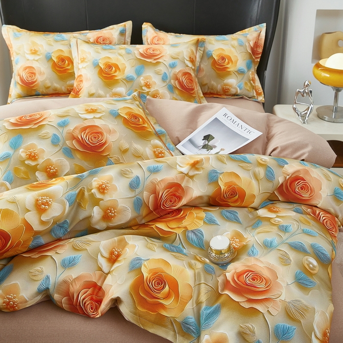 91家纺网 家纺一手货源 找家纺 雲归梦 2025春夏新款全棉纯棉5D数码印花四件套 甜花香-桔