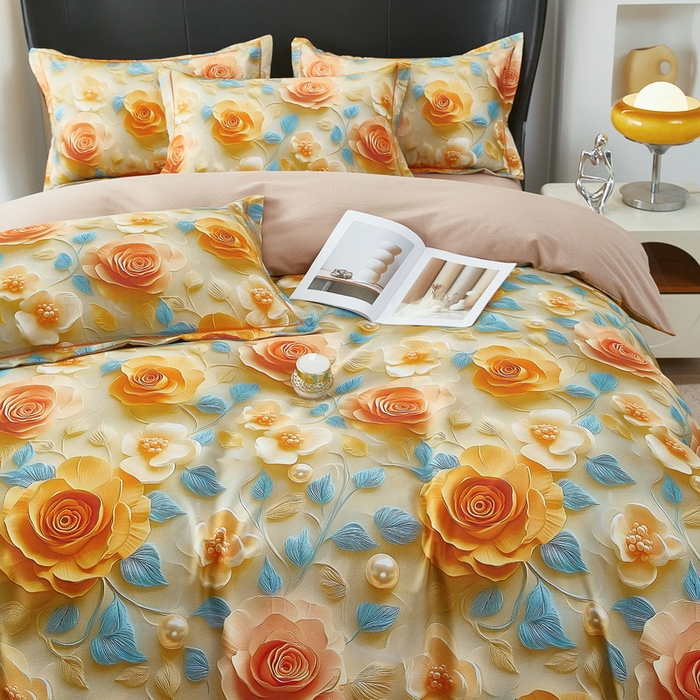 91家纺网 家纺一手货源 找家纺 雲归梦 2025春夏新款全棉纯棉5D数码印花四件套 甜花香-桔