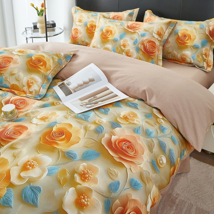 91家纺网 家纺一手货源 找家纺 雲归梦 2025春夏新款全棉纯棉5D数码印花四件套 甜花香-桔