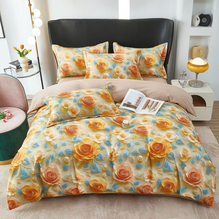 91家纺网 家纺一手货源 找家纺 雲归梦 2025春夏新款全棉纯棉5D数码印花四件套 甜花香-桔