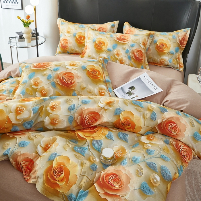 91家纺网 家纺一手货源 找家纺 雲归梦 2025春夏新款全棉纯棉5D数码印花四件套 甜花香-桔