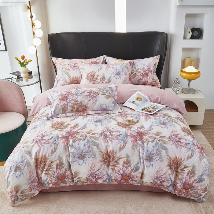 91家纺网 家纺一手货源 找家纺 雲归梦 2025春夏新款全棉纯棉5D数码印花四件套 荷韵飘香-粉