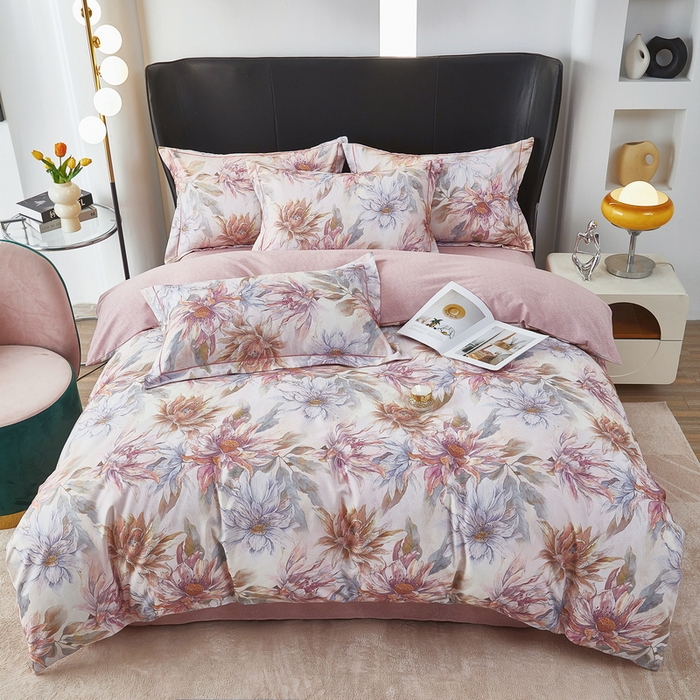 91家纺网 家纺一手货源 找家纺 雲归梦 2025春夏新款全棉纯棉5D数码印花四件套 荷韵飘香-粉