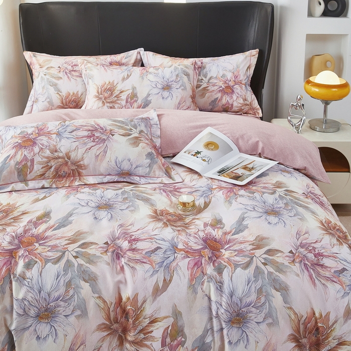 91家纺网 家纺一手货源 找家纺 雲归梦 2025春夏新款全棉纯棉5D数码印花四件套 荷韵飘香-粉