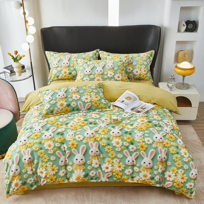 91家纺网 家纺一手货源 找家纺 雲归梦 2025春夏新款全棉纯棉5D数码印花四件套 萌宠乐园-绿