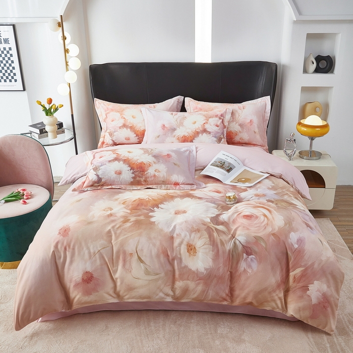 91家纺网 家纺一手货源 找家纺 雲归梦 2025春夏新款全棉纯棉5D数码印花四件套 盛世牡丹-粉