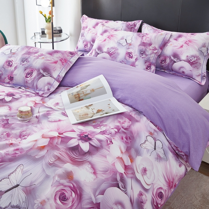 91家纺网 家纺一手货源 找家纺 雲归梦 2025春夏新款全棉纯棉5D数码印花四件套 蝴蝶仙子-紫