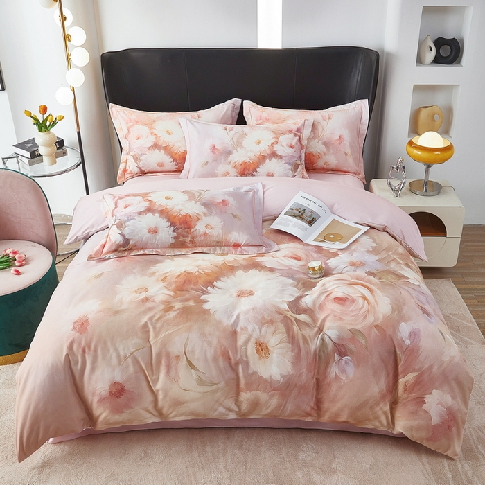 91家纺网 家纺一手货源 找家纺 雲归梦 2025春夏新款全棉纯棉5D数码印花四件套 盛世牡丹-粉