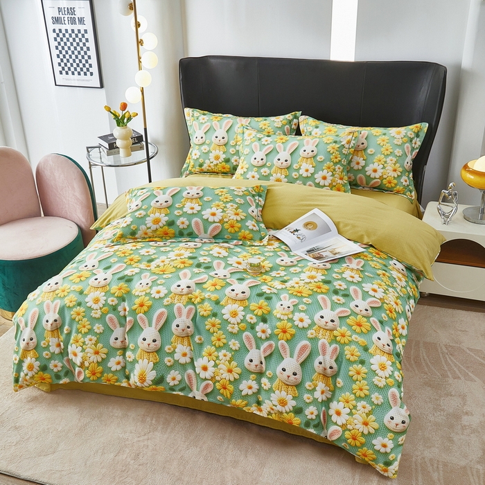 雲归梦 2025春夏新款全棉纯棉5D数码印花四件套 萌宠乐园-绿