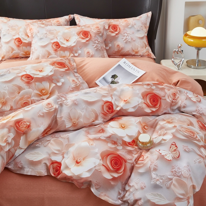 91家纺网 家纺一手货源 找家纺 雲归梦 2025春夏新款全棉纯棉5D数码印花四件套 花语悠然-粉