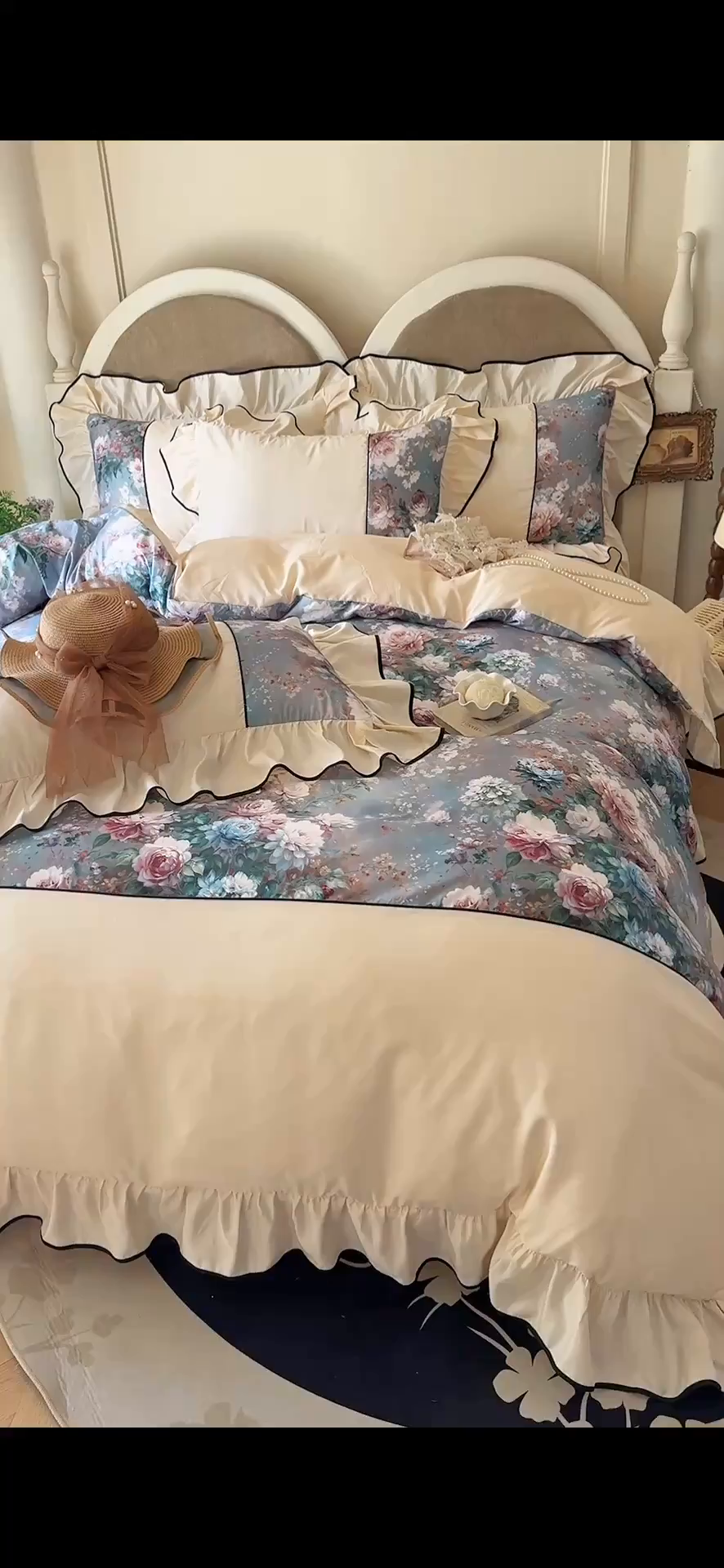 91家纺网 家纺一手货源 找家纺 宅家居 2025新款A类水洗亲肤棉磨毛法式拼接数码印花奶油韩式花边款四件套 爱丽丝