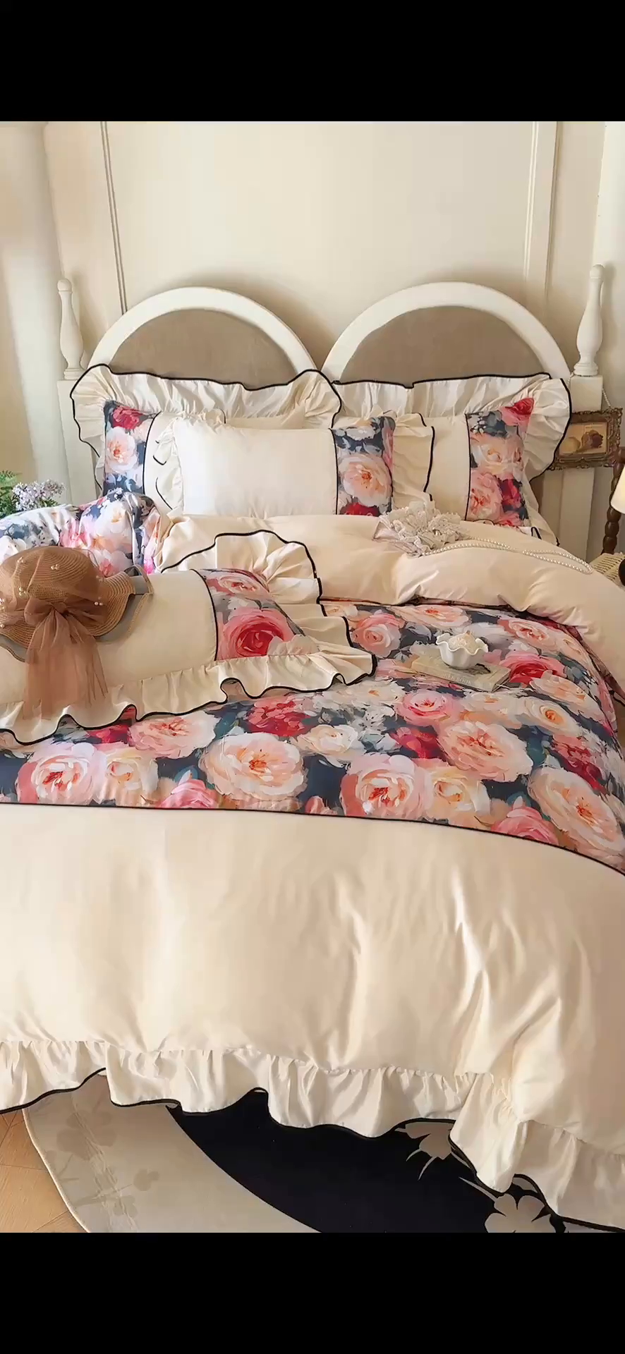 91家纺网 家纺一手货源 找家纺 宅家居 2025新款A类水洗亲肤棉磨毛法式拼接数码印花奶油韩式花边款四件套 玫瑰庄园