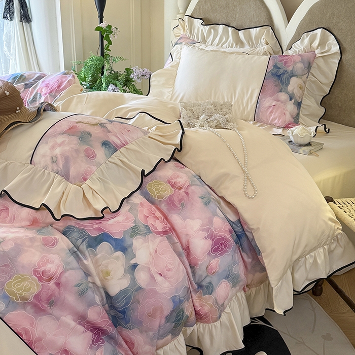 宅家居 2025新款A类水洗亲肤棉磨毛法式拼接数码印花奶油韩式花边款四件套 暖暖花香