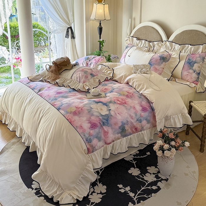 91家纺网 家纺一手货源 找家纺 宅家居 2025新款A类水洗亲肤棉磨毛法式拼接数码印花奶油韩式花边款四件套 暖暖花香