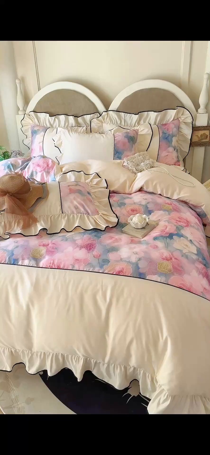 91家纺网 家纺一手货源 找家纺 宅家居 2025新款A类水洗亲肤棉磨毛法式拼接数码印花奶油韩式花边款四件套 暖暖花香