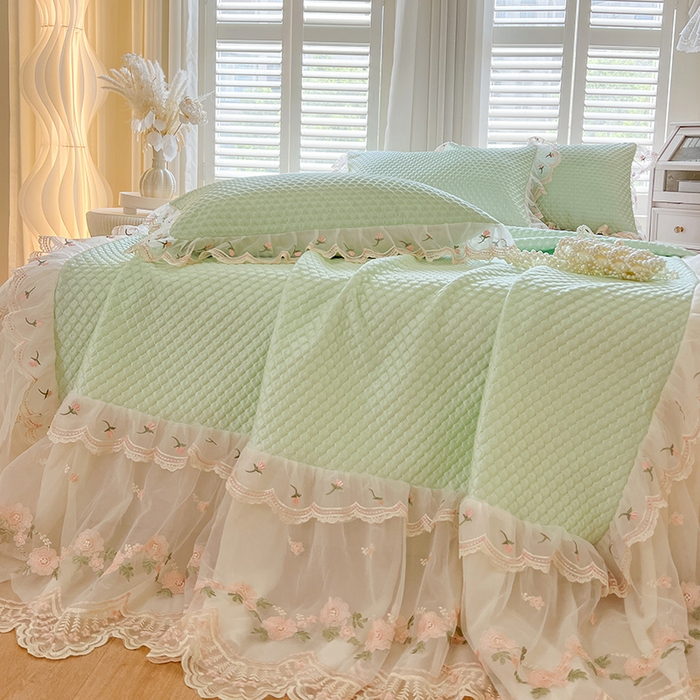 网红馆（ck家纺） 2025新款凉感蕾丝花边床裙款豆豆席凉席-艾薇儿 艾薇儿-绿