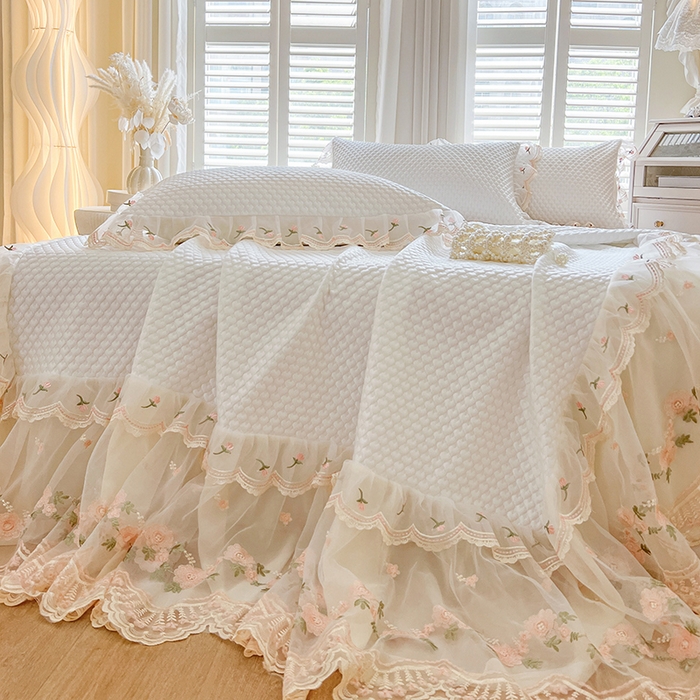 网红馆（ck家纺） 2025新款凉感蕾丝花边床裙款豆豆席凉席-艾薇儿 艾薇儿-白