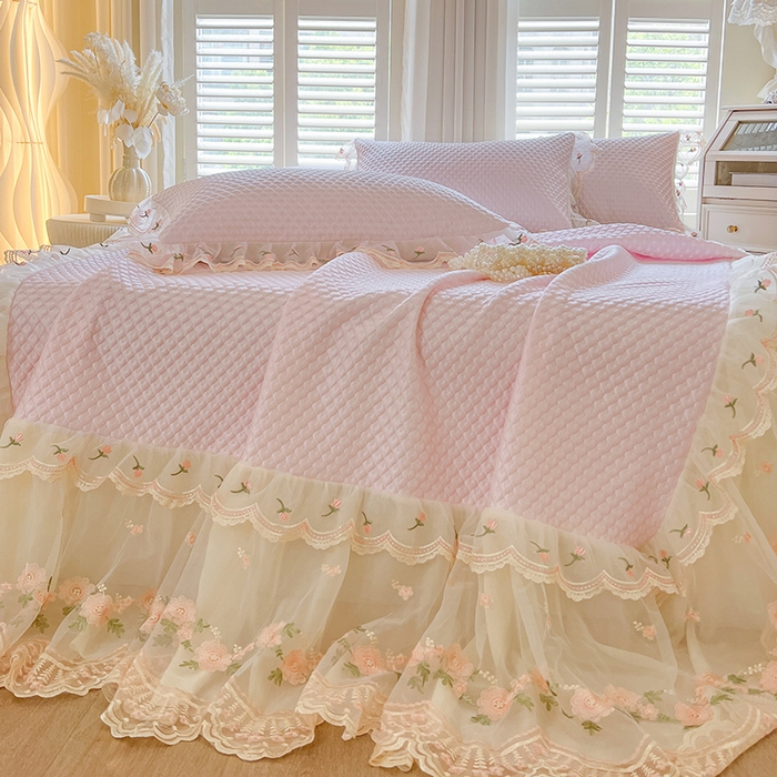 网红馆（ck家纺） 2025新款凉感蕾丝花边床裙款豆豆席凉席-艾薇儿 艾薇儿-粉