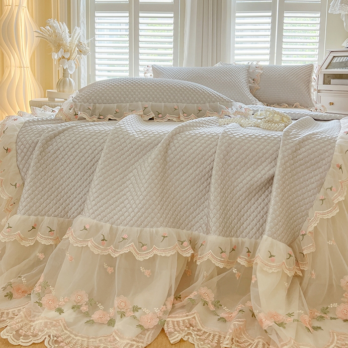 网红馆（ck家纺） 2025新款凉感蕾丝花边床裙款豆豆席凉席-艾薇儿 艾薇儿-灰