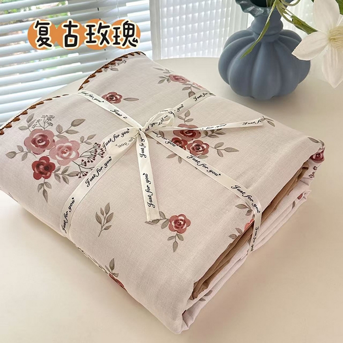 91家纺网 家纺一手货源 找家纺 RYB红黄兰 2025新款全棉大版双层纱贝壳边四件套 复古玫瑰