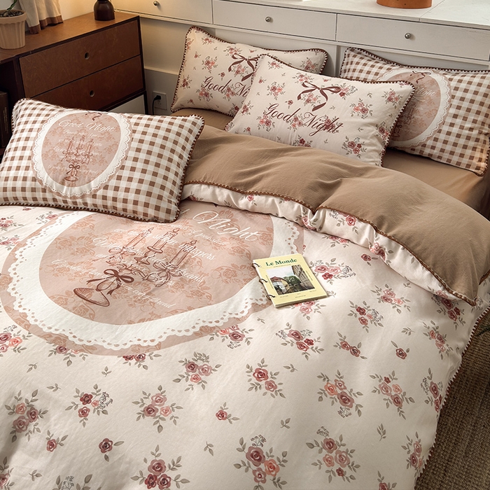 91家纺网 家纺一手货源 找家纺 RYB红黄兰 2025新款全棉大版双层纱贝壳边四件套 复古玫瑰