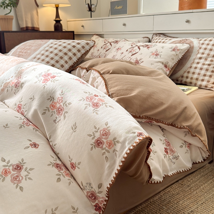 91家纺网 家纺一手货源 找家纺 RYB红黄兰 2025新款全棉大版双层纱贝壳边四件套 复古玫瑰